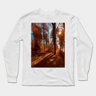 Sun rising behind autumn trees Long Sleeve T-Shirt